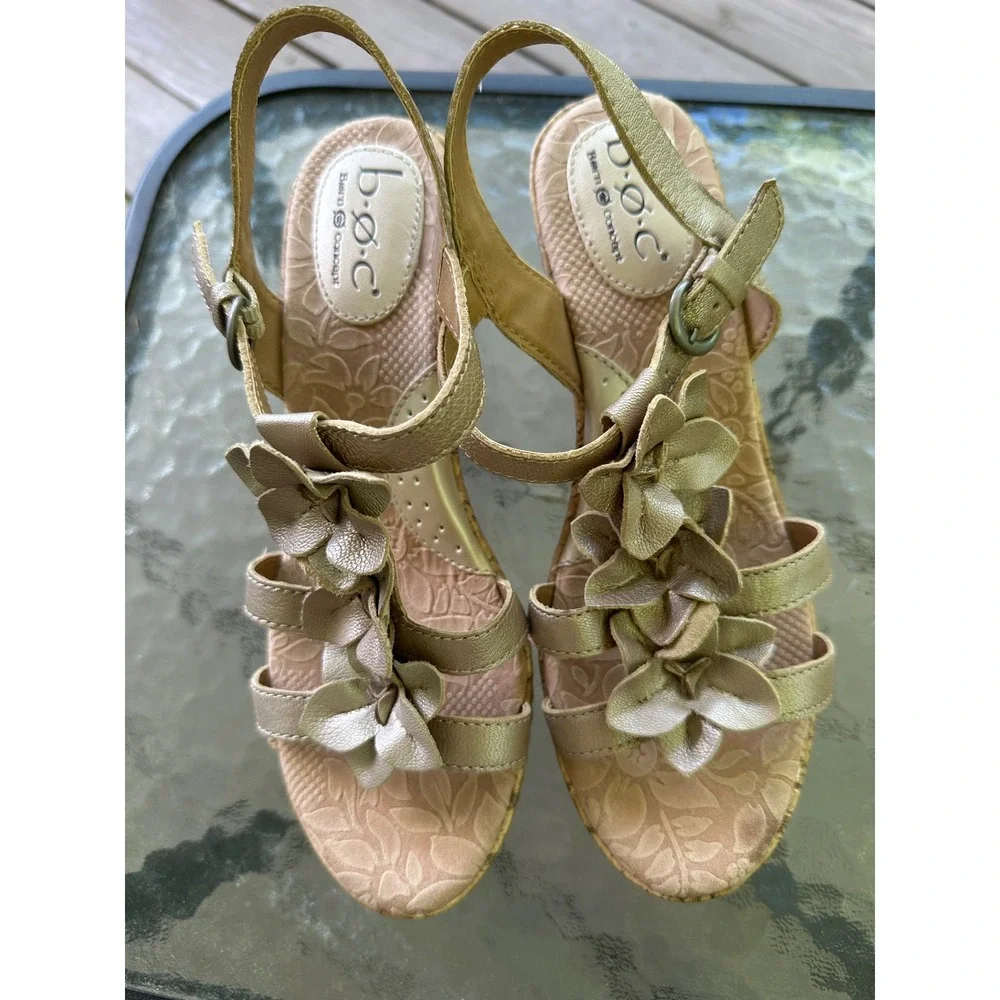 BOC Gold Flower Wedge‎ Sandals Ankle Strap Cork Heel Summer Shoes 8